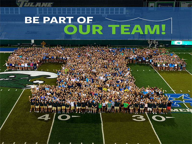 Be Part of Our Team! banner with photo of employees on football field standing to form the shape of the letter T