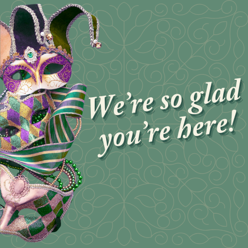 Graphic of colorful Mardi Gras masks, jester hat, and beads.